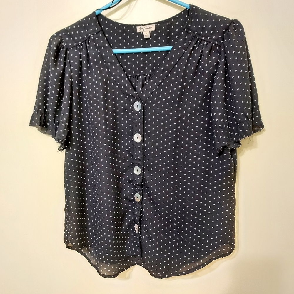 Lily White Black Polka-dot blouse Mother of Pearl buttons MED Pin-up Retro